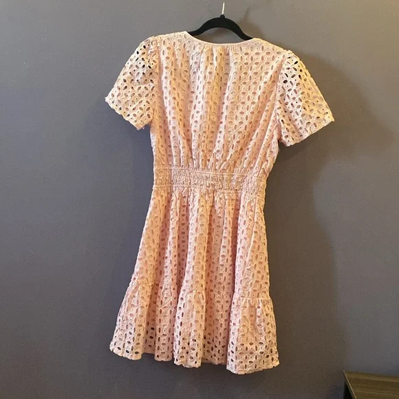 PRETTYGARDEN Short Dress V Neck Short Sleeve A Line Hollow Out Lace Ruffle Dress - Picture 13 of 14